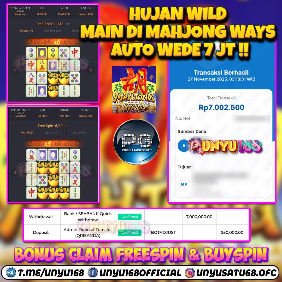 UNYU168 JACKPOT SLOT MAHJONG WAYS RP 7.000.000 ID : JAL***